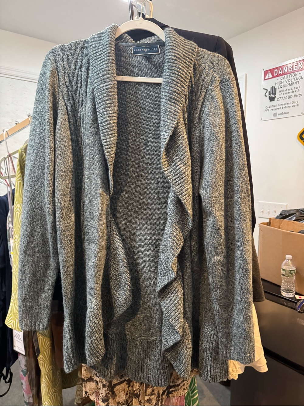 Karen Scott Gray Ruffle-Trim Open Cardigan